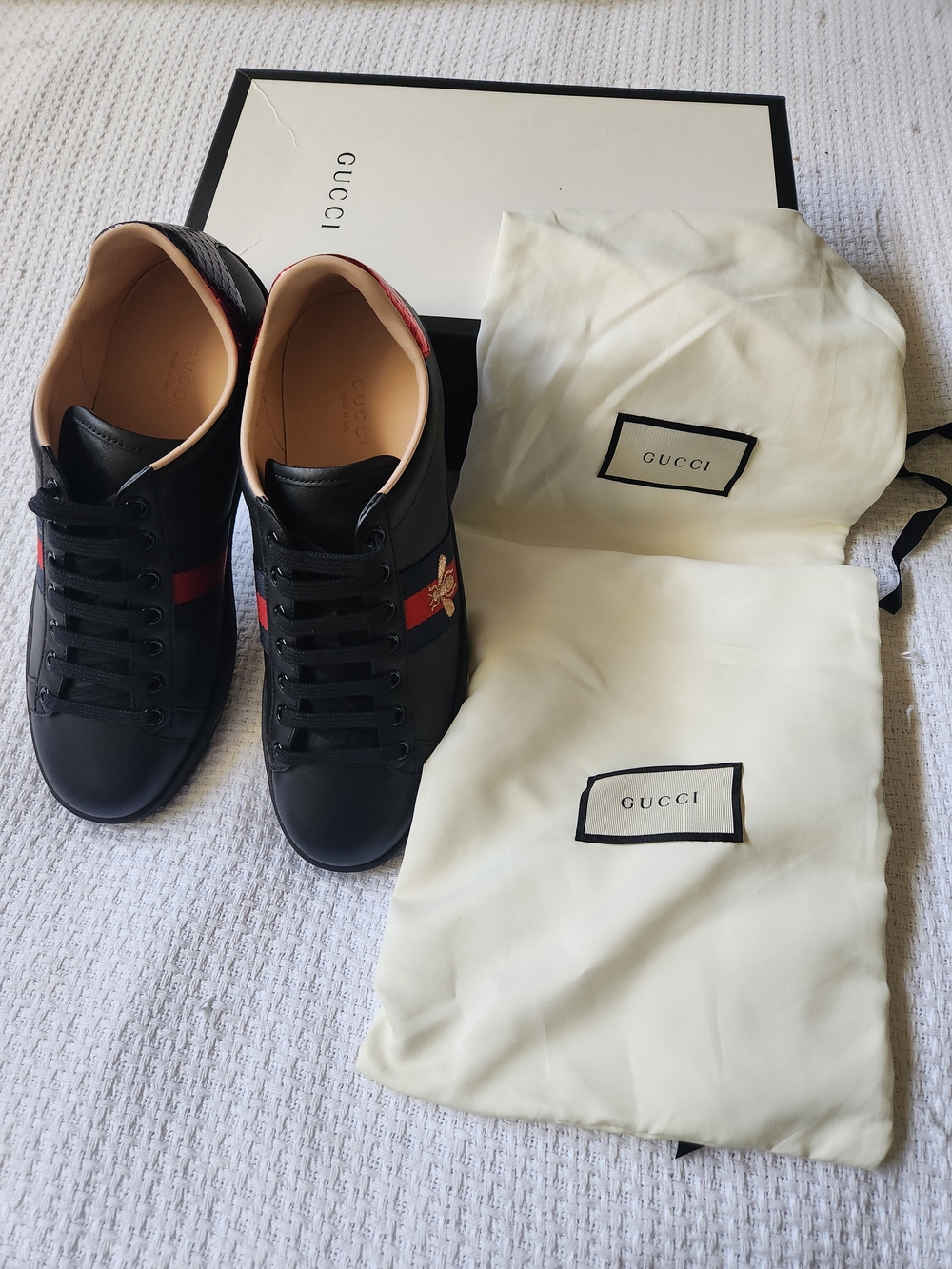 Gucci Black Leather Ace Low-Top Sneakers with Red Stripe and Gold Bee